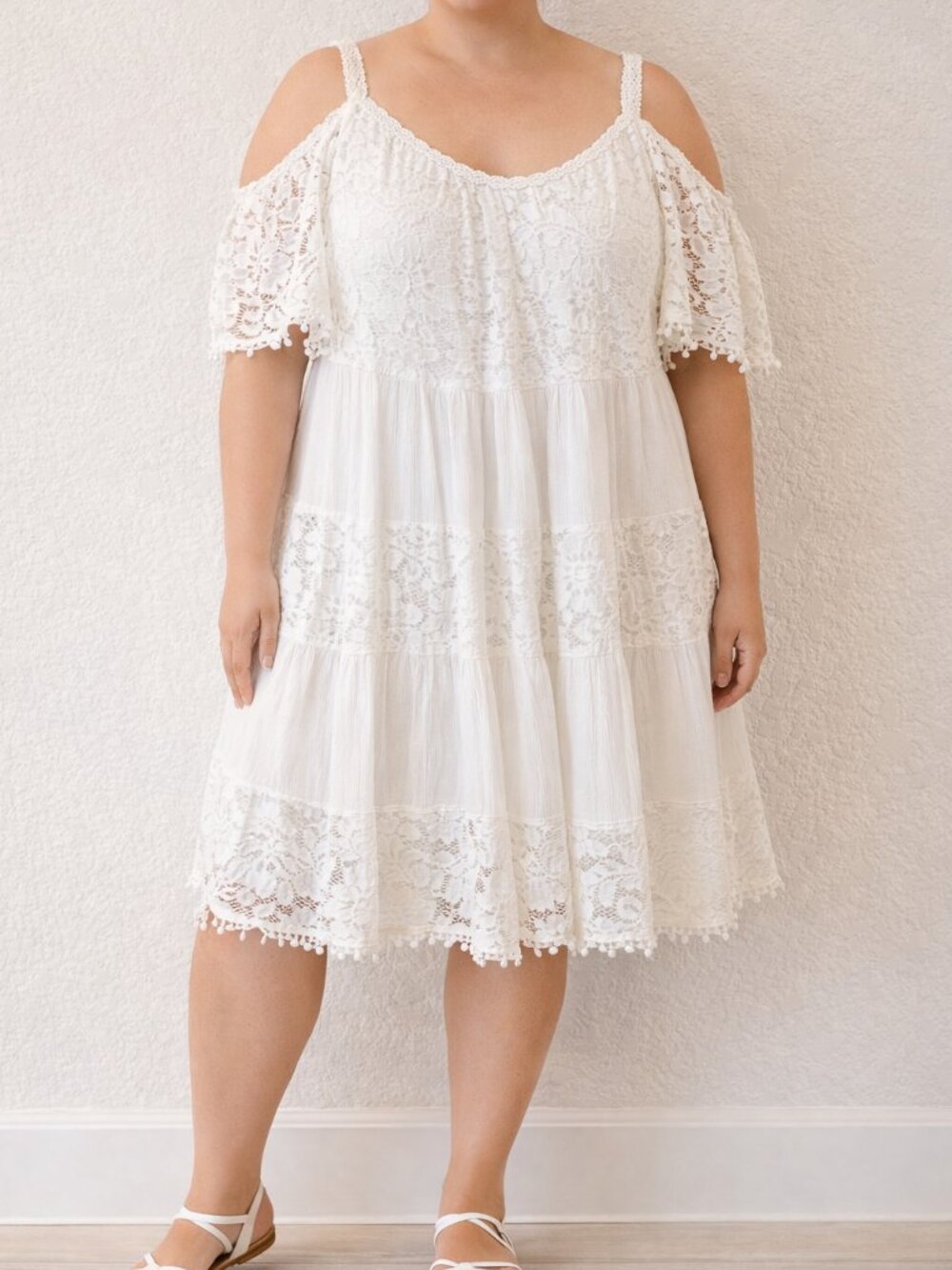 Robbie Bee white lace resort vacation Coquette cold shoulder Sz 2X